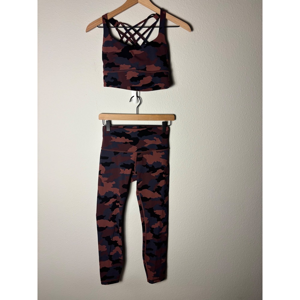 Lululemon Wunder Under Leggings & Free to Be Bra SET Camo Smoky Red Night Sea 6